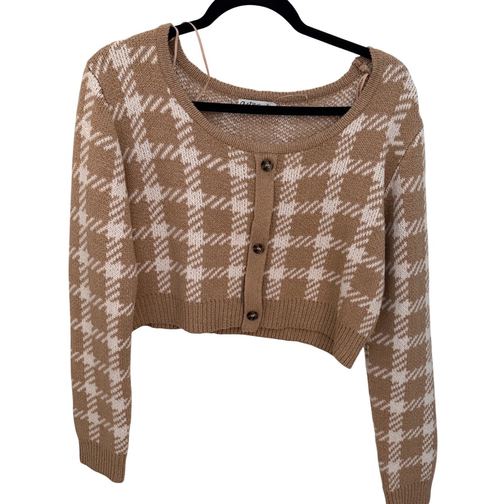 Astar Cropped Plaid Cardigan Sweater Brown White Scoop Neck Button Front M